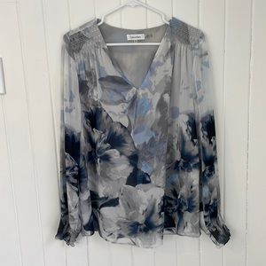 Long sleeve, floral print, V-neck blouse. light gray, light blue, navy, white